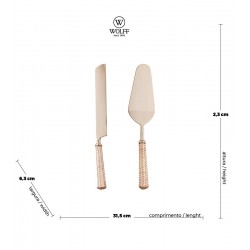 Jogo 2 Talheres Para Bolo de Aço Inox Dourado Com Cabo de Rattan